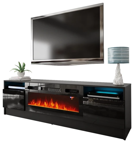 Szafka RTV Duke 160 cm z kominkiem elektrycznym i LED do salonu czarny mat/połysk