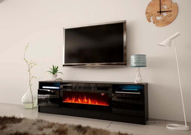 Szafka RTV Duke 160 cm z kominkiem elektrycznym i LED do salonu czarny mat/połysk