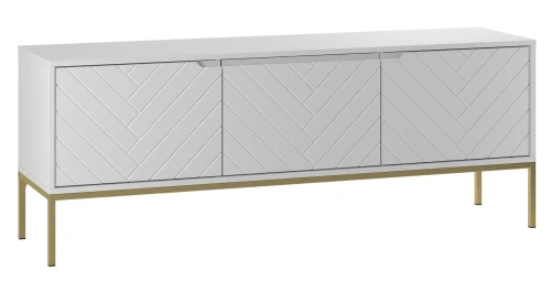 Szafka RTV Aspen I 150 cm trzydrzwiowa na metalowych nóżkach do salonu biały mat/złoty