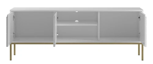Szafka RTV Aspen I 150 cm trzydrzwiowa na metalowych nóżkach do salonu biały mat/złoty