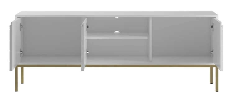 Szafka RTV Aspen I 150 cm trzydrzwiowa na metalowych nóżkach do salonu biały mat/złoty