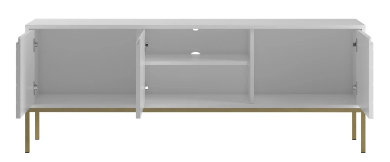 Szafka RTV Aspen I 150 cm trzydrzwiowa na metalowych nóżkach do salonu biały mat/złoty