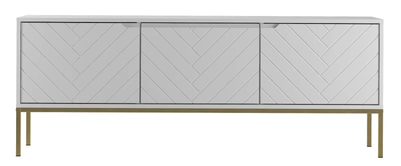 Szafka RTV Aspen I 150 cm trzydrzwiowa na metalowych nóżkach do salonu biały mat/złoty