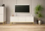 Szafka RTV Aspen I 150 cm trzydrzwiowa na metalowych nóżkach do salonu biały mat/złoty