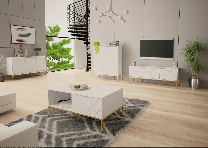 Szafka RTV Aspen I 150 cm trzydrzwiowa na metalowych nóżkach do salonu biały mat/złoty