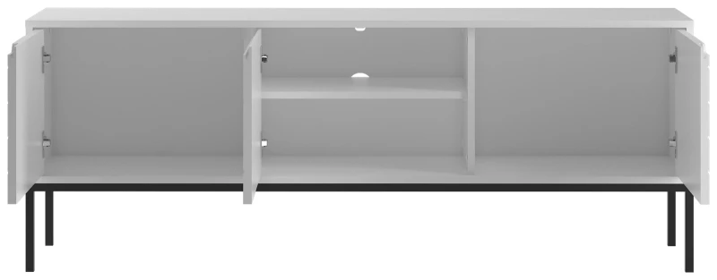 Szafka RTV Aspen I 150 cm trzydrzwiowa na metalowych nóżkach do salonu biały mat/czarny