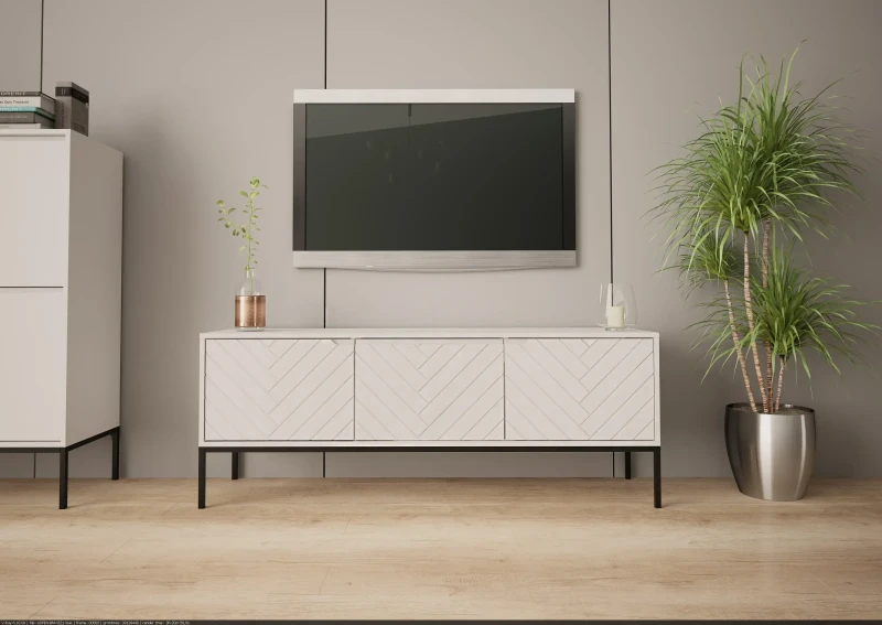 Szafka RTV Aspen I 150 cm trzydrzwiowa na metalowych nóżkach do salonu biały mat/czarny