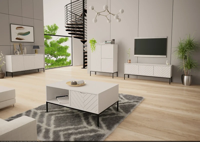 Szafka RTV Aspen I 150 cm trzydrzwiowa na metalowych nóżkach do salonu biały mat/czarny