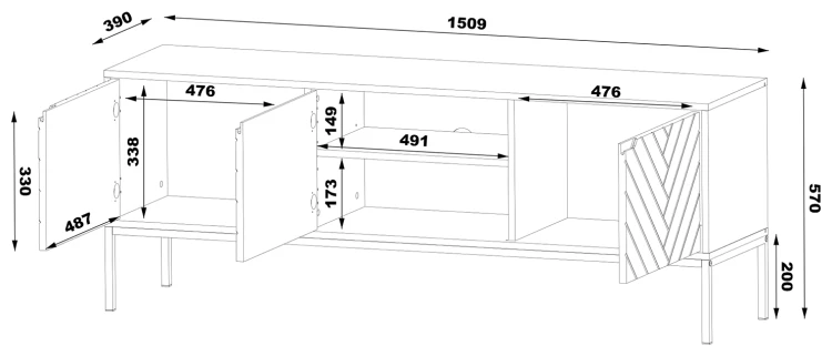 Szafka RTV Aspen I 150 cm trzydrzwiowa na metalowych nóżkach do salonu - wymiary