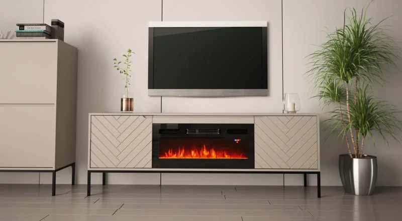 Szafka RTV Aspen II 180 cm dwudrzwiowa z kominkiem elektrycznym do salonu cashmere/czarny