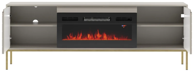 Szafka RTV Aspen II 180 cm dwudrzwiowa z kominkiem elektrycznym do salonu cashmere/złoty