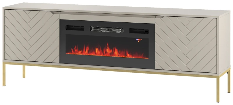 Szafka RTV Aspen II 180 cm dwudrzwiowa z kominkiem elektrycznym do salonu cashmere/złoty