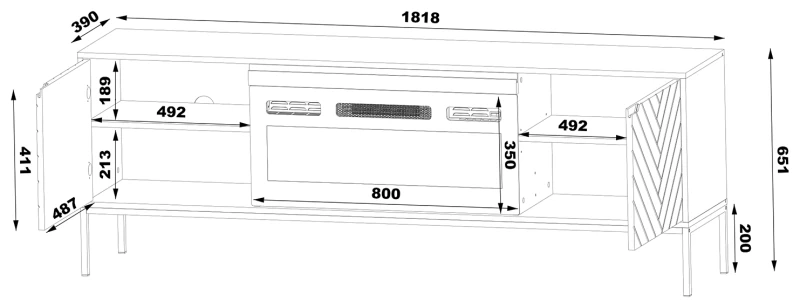 Szafka RTV Aspen II 180 cm dwudrzwiowa z kominkiem elektrycznym do salonu - wymiary