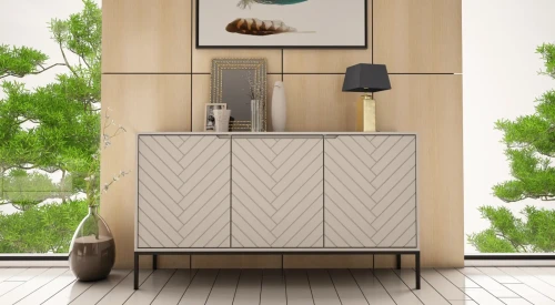 Komoda Aspen III 150 cm trzydrzwiowa z frezowanymi frontami do salonu cashmere/czarny