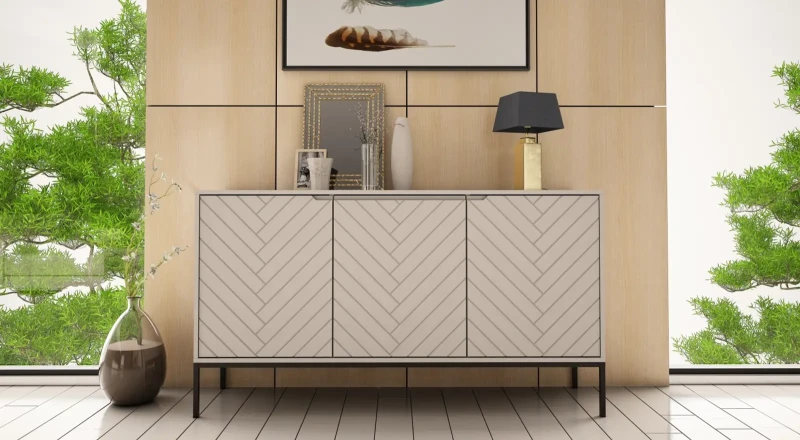 Komoda Aspen III 150 cm trzydrzwiowa z frezowanymi frontami do salonu cashmere/czarny