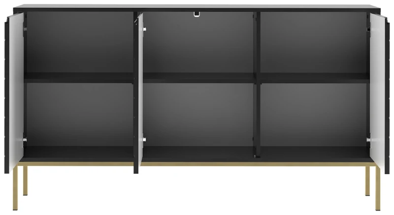 Komoda Aspen III 150 cm trzydrzwiowa z frezowanymi frontami do salonu czarny/złoty