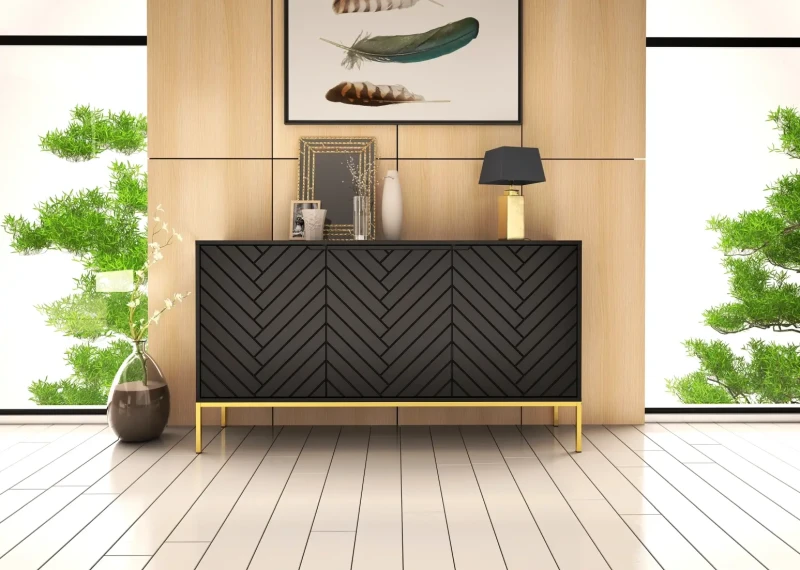 Komoda Aspen III 150 cm trzydrzwiowa z frezowanymi frontami do salonu czarny/złoty