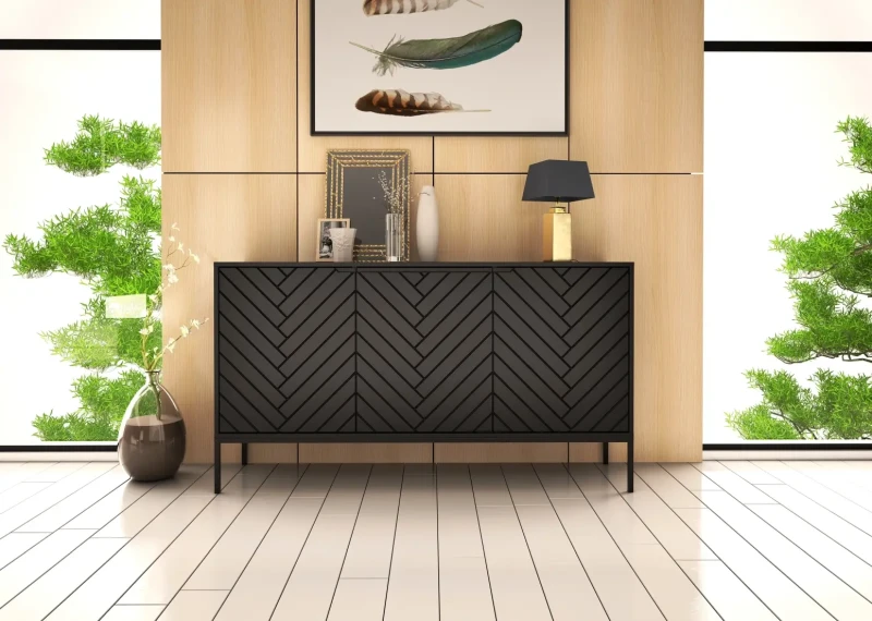 Komoda Aspen III 150 cm trzydrzwiowa z frezowanymi frontami do salonu czarny/czarny