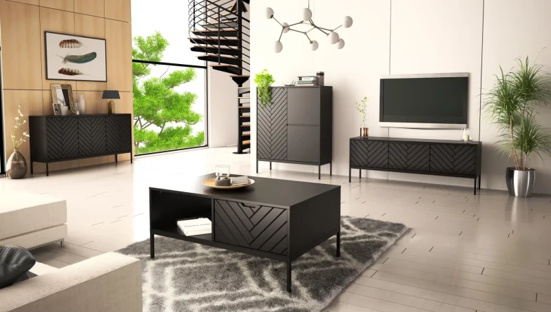 Komoda Aspen III 150 cm trzydrzwiowa z frezowanymi frontami do salonu czarny/czarny