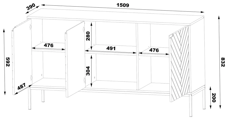 Komoda Aspen III 150 cm trzydrzwiowa z frezowanymi frontami do salonu - wymiary