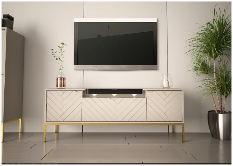 Szafka RTV Aspen VI 150 cm trzydrzwiowa z głośnikiem JBL do salonu  cashmere/złoty
