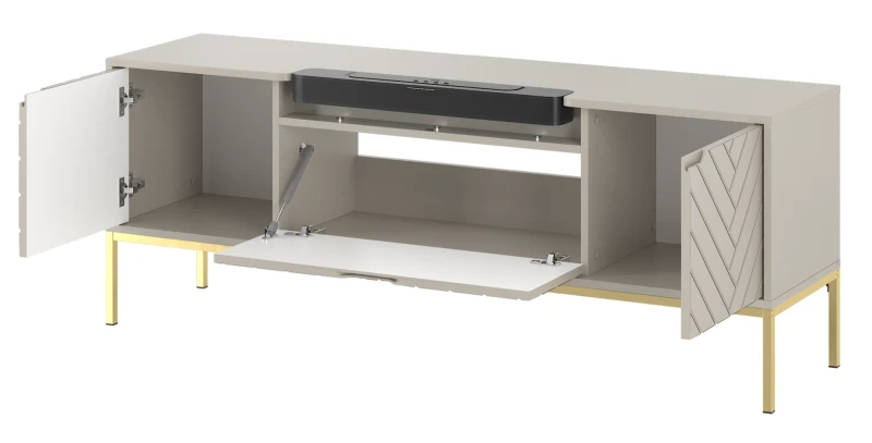 Szafka RTV Aspen VI 150 cm trzydrzwiowa z głośnikiem JBL do salonu  cashmere/złoty