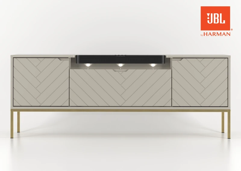 Szafka RTV Aspen VI 150 cm trzydrzwiowa z głośnikiem JBL do salonu  cashmere/złoty
