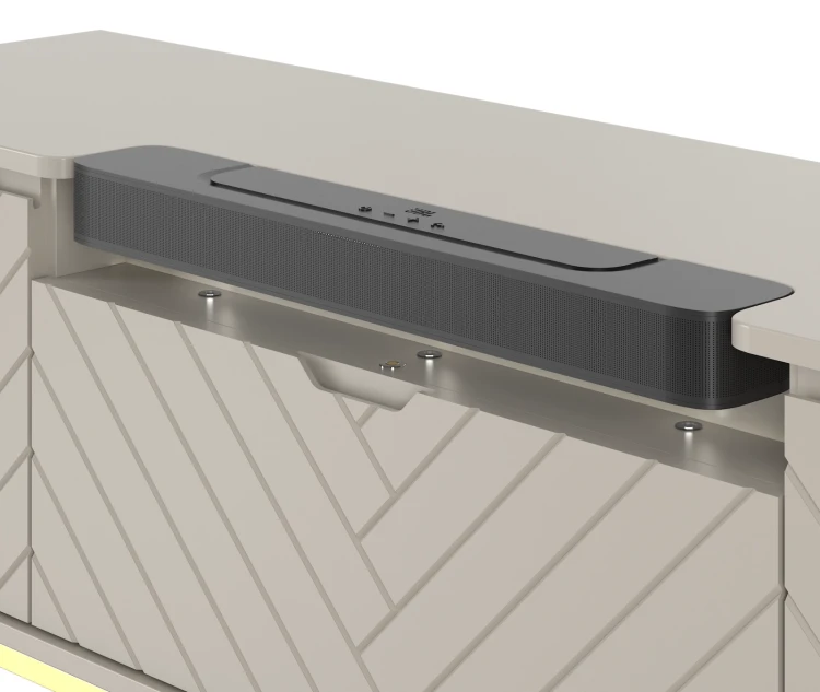 Szafka RTV Aspen VI 150 cm trzydrzwiowa z głośnikiem JBL do salonu  cashmere/złoty