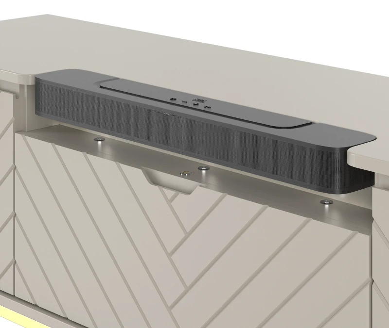 Szafka RTV Aspen VI 150 cm trzydrzwiowa z głośnikiem JBL do salonu  cashmere/złoty