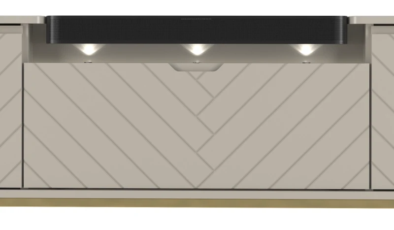 Szafka RTV Aspen VI 150 cm trzydrzwiowa z głośnikiem JBL do salonu  cashmere/złoty