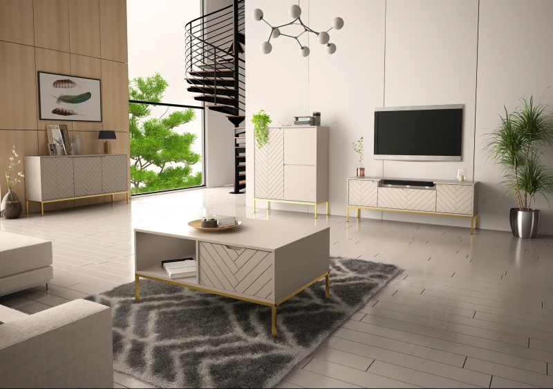 Szafka RTV Aspen VI 150 cm trzydrzwiowa z głośnikiem JBL do salonu  cashmere/złoty