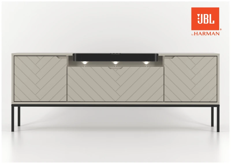 Szafka RTV Aspen VI 150 cm trzydrzwiowa z głośnikiem JBL do salonu cashmere/czarny