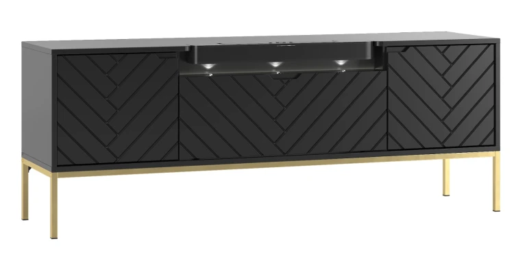 Szafka RTV Aspen VI 150 cm trzydrzwiowa z głośnikiem JBL do salonu czarny/złoty