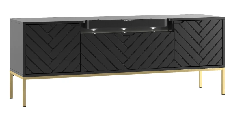 Szafka RTV Aspen VI 150 cm trzydrzwiowa z głośnikiem JBL do salonu czarny/złoty