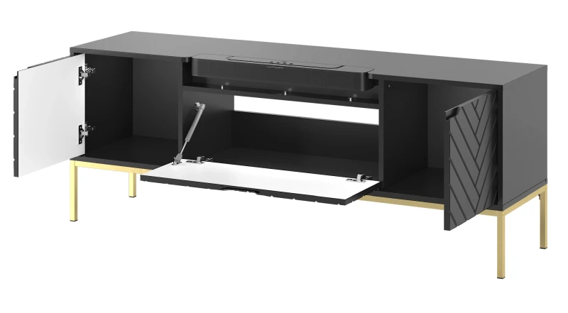 Szafka RTV Aspen VI 150 cm trzydrzwiowa z głośnikiem JBL do salonu czarny/złoty