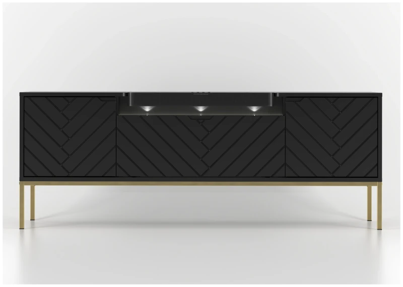 Szafka RTV Aspen VI 150 cm trzydrzwiowa z głośnikiem JBL do salonu czarny/złoty