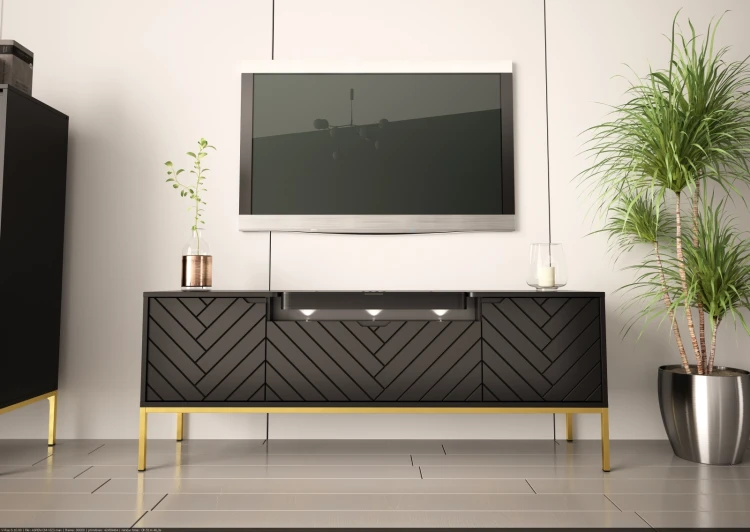 Szafka RTV Aspen VI 150 cm trzydrzwiowa z głośnikiem JBL do salonu czarny/złoty