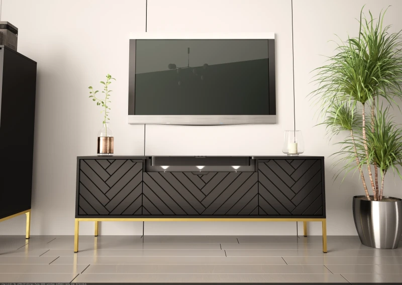 Szafka RTV Aspen VI 150 cm trzydrzwiowa z głośnikiem JBL do salonu czarny/złoty