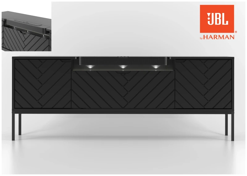 Szafka RTV Aspen VI 150 cm trzydrzwiowa z głośnikiem JBL do salonu czarny/czarny