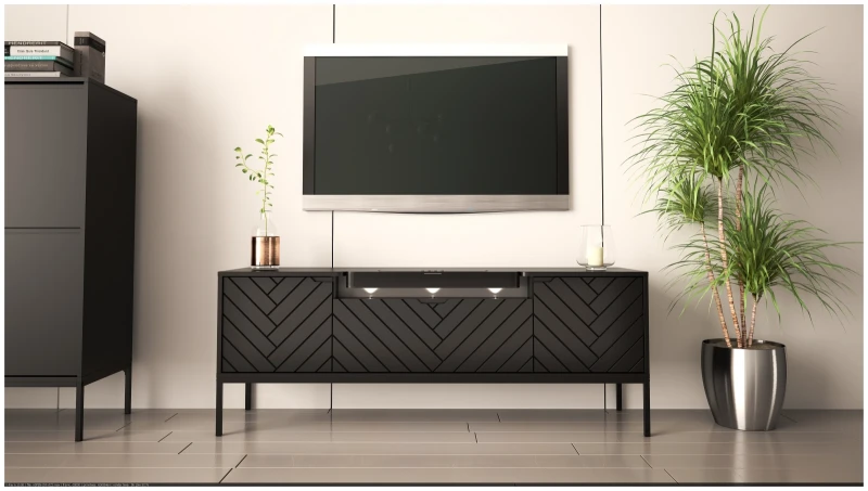 Szafka RTV Aspen VI 150 cm trzydrzwiowa z głośnikiem JBL do salonu czarny/czarny