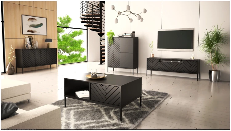 Szafka RTV Aspen VI 150 cm trzydrzwiowa z głośnikiem JBL do salonu czarny/czarny
