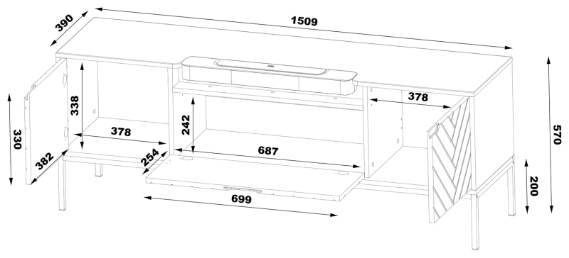 Szafka RTV Aspen VI 150 cm trzydrzwiowa z głośnikiem JBL do salonu - wymiary