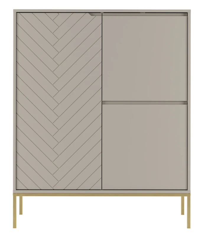 Komoda wysoka Aspen VII 102 cm trzydrzwiowa z frezowanym frontem do salonu cashmere/złoty