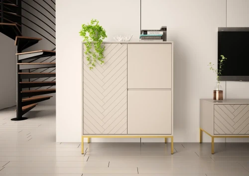 Komoda wysoka Aspen VII 102 cm trzydrzwiowa z frezowanym frontem do salonu cashmere/złoty