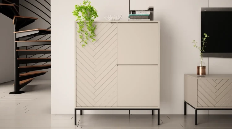 Komoda wysoka Aspen VII 102 cm trzydrzwiowa z frezowanym frontem do salonu cashmere/czarny