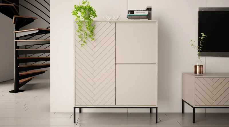 Komoda wysoka Aspen VII 102 cm trzydrzwiowa z frezowanym frontem do salonu cashmere/czarny