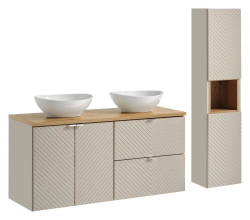 Zestaw mebli łazienkowych VIVA CASHMERE z dwoma umywalkami LOLA i blatem dąb 120 cm - 7 elementów