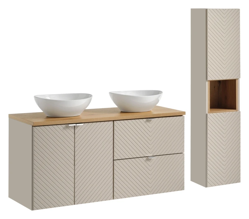 Zestaw mebli łazienkowych VIVA CASHMERE z dwoma umywalkami LOLA i blatem dąb 120 cm - 7 elementów