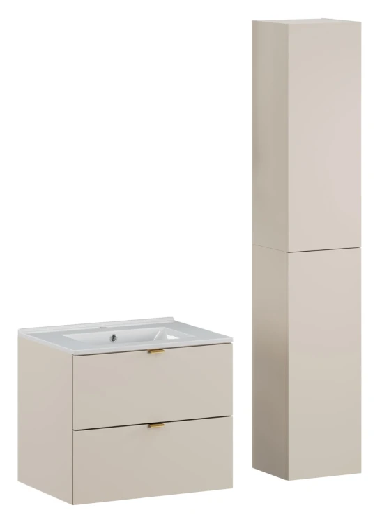 Szafka łazienkowa pod umywalkę 60 cm DALIA CASHMERE 2 szuflady  - aranżacja z umywalką i szafką wysoką