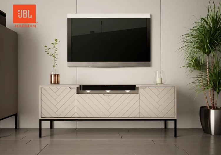 Szafka RTV Aspen VI 150 cm trzydrzwiowa z głośnikiem JBL do salonu kaszmirowa
